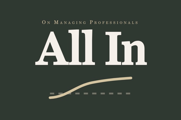 The words All In in large serif type over a rising gold curve that climbs above a flat dashed line, on dark green.