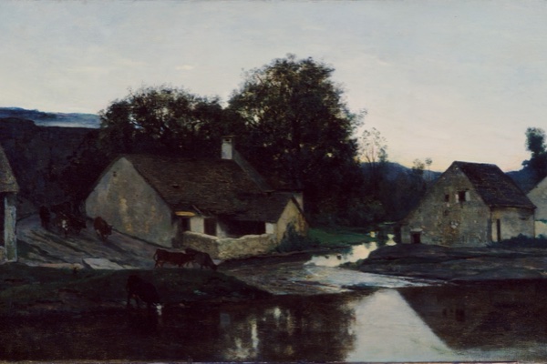 Daubigny's painting The Hamlet of Optevoz: cottages by a stream at dusk.