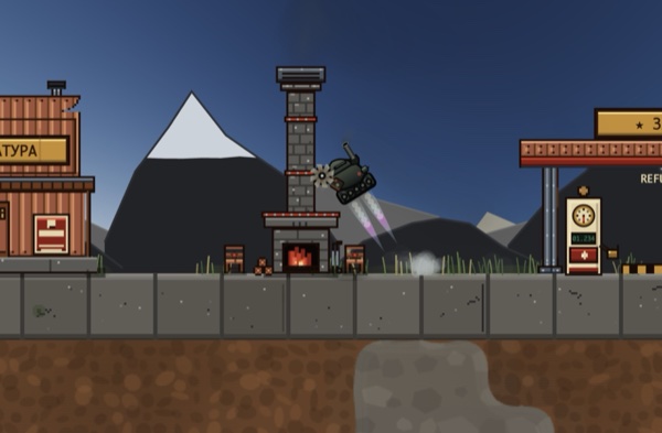 The mining game: a jet-powered drill tank flying over a Soviet-style surface, with a dug shaft below.