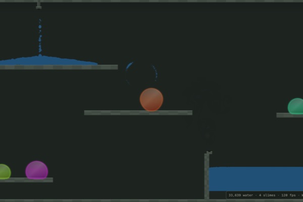 A glowing slime splashing into a blue pool of simulated water, spray ringing off its body.